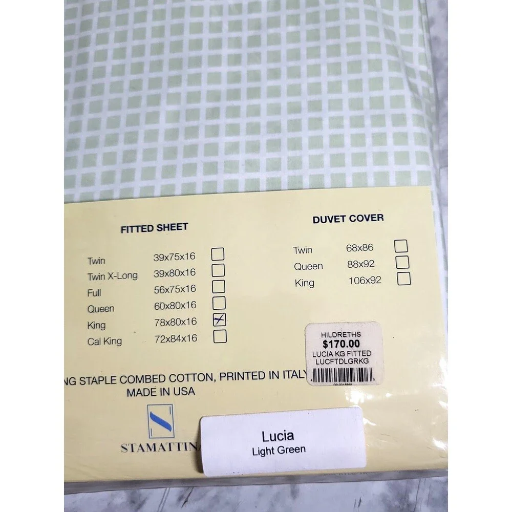 NWT Stamattina Lucia Light Green Grid King Flat Sheet & Shams Cotton Italy USA